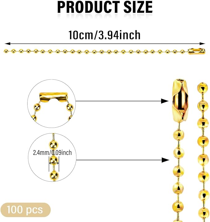 100Pcs Ball Beads, 4inch Gold Beads 2.4mm with Ball Connector Clasp Keychain Rings Metal Rings for Crafts Dog Tag Chain