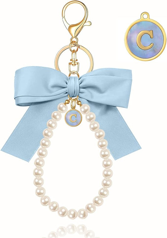 XGALBLA Initial Letter Cute Coquette Bow Keychain for Women, Wristlet Simulated Pearl Keychains Bag Charms for Handbags