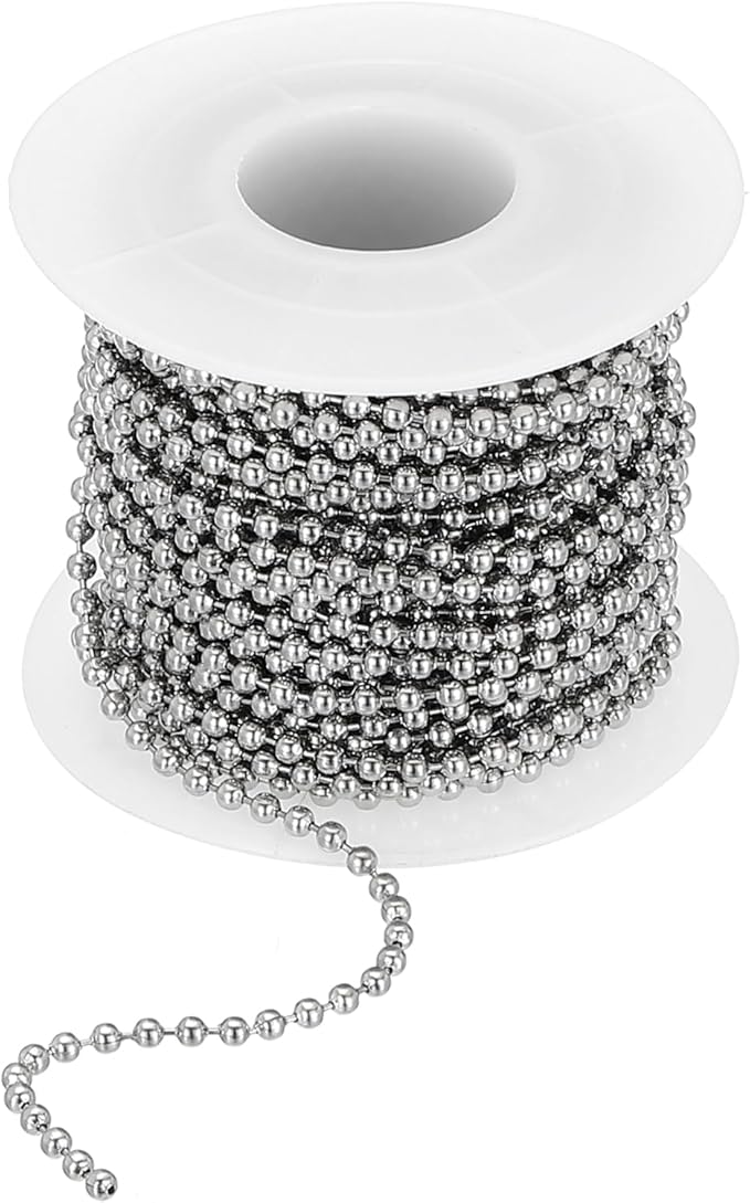 PATIKIL 10m/32.8ft Beaded Ball Chain, 2.4mm Stainless Steel Pull Chain Extension with 20 Pcs Connectors for Tag Chain, Keychain Rings, DIY Crafts, Silver