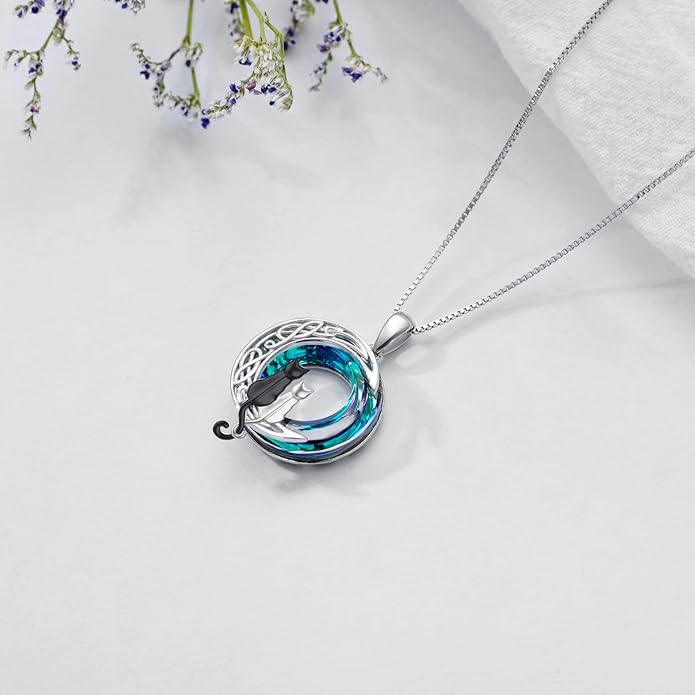 TOUPOP Cat Gifts for Cat Lovers One Two Three Four Cats Necklace Sterling Silver Cats on the Moon Pendant Necklace with Blue Circle Crystal Birthday Christmas Celtic Jewelry Gifts for Women