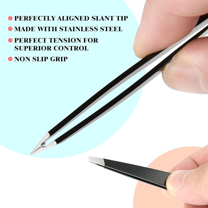 FIVETAS Stainless Steel Tweezers for Eyebrows-Slant Tweezer with Case for Women&Man,Great Precision on Brow,Facial Hair and Ingrown Hair Removal(Black)