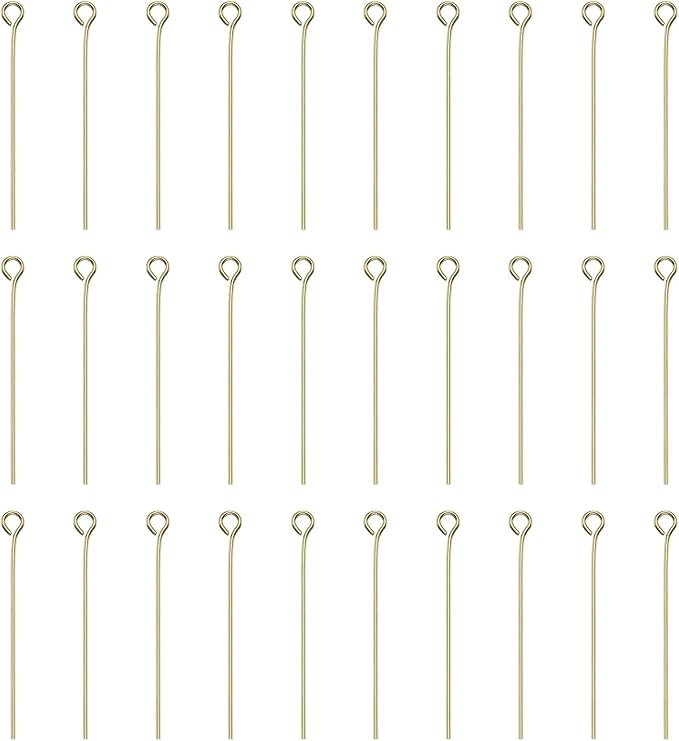 HARFINGTON 100pcs Open Eye Head Pins 1.38" 35mm Mini Metal Wire Eye Pins Beading Small Needles Bulk for Earring Pendant Necklace Bracelet Charm Jewelry Making Findings DIY Craft, 14K Gold