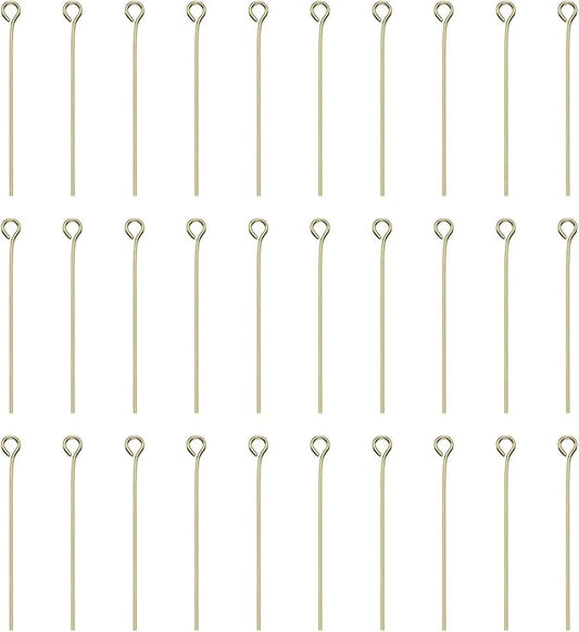 HARFINGTON 100pcs Open Eye Head Pins 1.38" 35mm Mini Metal Wire Eye Pins Beading Small Needles Bulk for Earring Pendant Necklace Bracelet Charm Jewelry Making Findings DIY Craft, 14K Gold