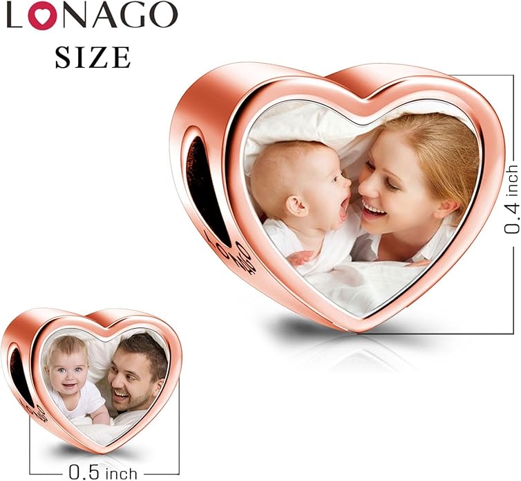 LONAGO 925 Sterling Silver Personalized Photo Charm Fit Compatible for Bracelet Necklace Customized Heart Round Shape Picture Bead