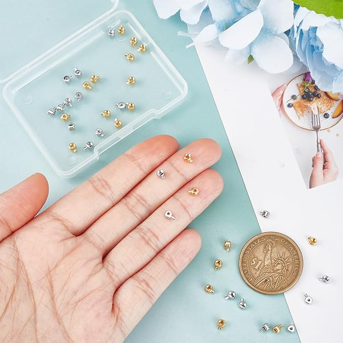 Arricraft 40 Pcs Brass Crimp Beads, 2 Colors Column Beads Cord End Caps Metal Loose Rondelle Spacers for DIY Crafts Necklace Bracelet Jewelry Making Silver & Golden