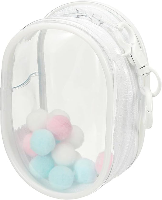 uxcell 4 Inch Clear Figure Display Bag, Mini Clear Pouch Waterproof Coin Pouch with Keychain and Pom Poms for Blind Box Doll Display (Round, White)