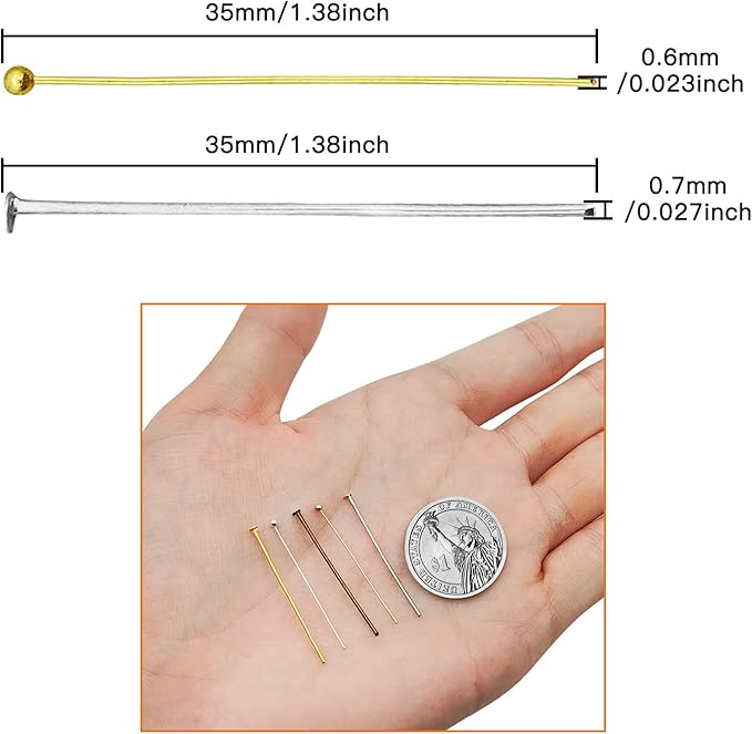 1000pcs Assorted Head Pins Set for Jewelry Making,Includes 500pcs Ball Head Pins and 500pcs Flat Head Pins, Beading Pins for DIY Craft(35mm,5 Colors)