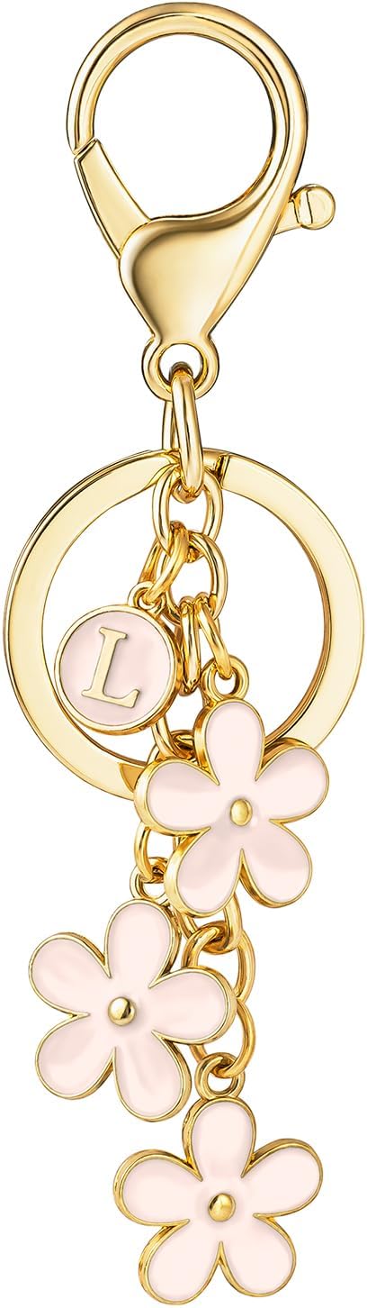 SELOVO Initial Keychain White/Pink/Black Cute Keychain Girl Purse Charms for Handbag Cute Letter Flower Keyring for Backpack