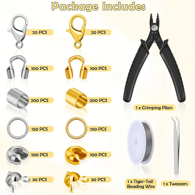 1200 Pcs Crimp Beads Kit for Jewelry Making, Acejoz Crimp Beads, Crimp Covers, Crimp Tubes and Wire Guardians, Lobster Clasps, Jump Rings, Crimping Pliers and Beading Wire for Jewelry Making