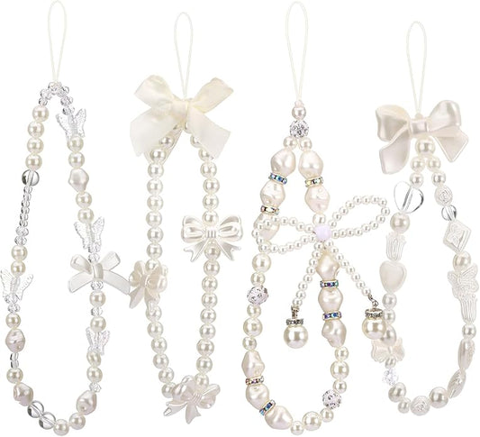 Draupnir 4pcs Phone Charms Strap, Butterfly Bow Camera Strap Wrist Beaded Phone Bracelet Wrist Straps, Pearl Bracelet Lanyard Keychain Charm for Women