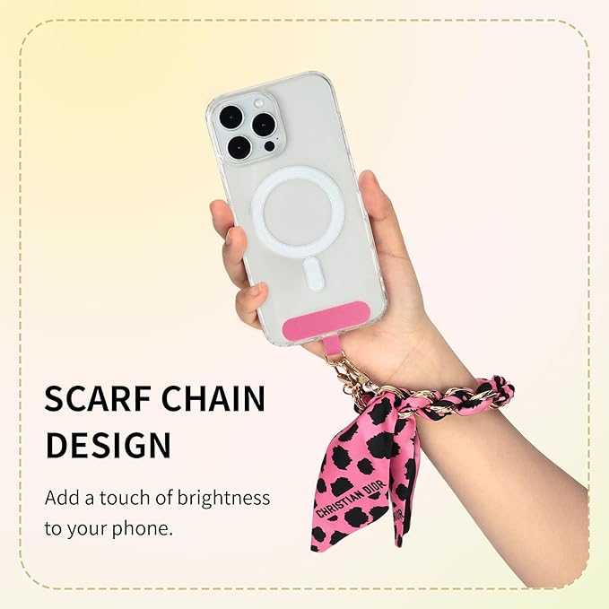 Fycyko Phone Wrist Strap with Gold Metal Scarf and Universal Tether Tab, Aesthetic Print Design Ribbon Chain, Multi-Purpose Accessories for Bag Key Cellphone for Men Women Girls-Hot Pink Leopard