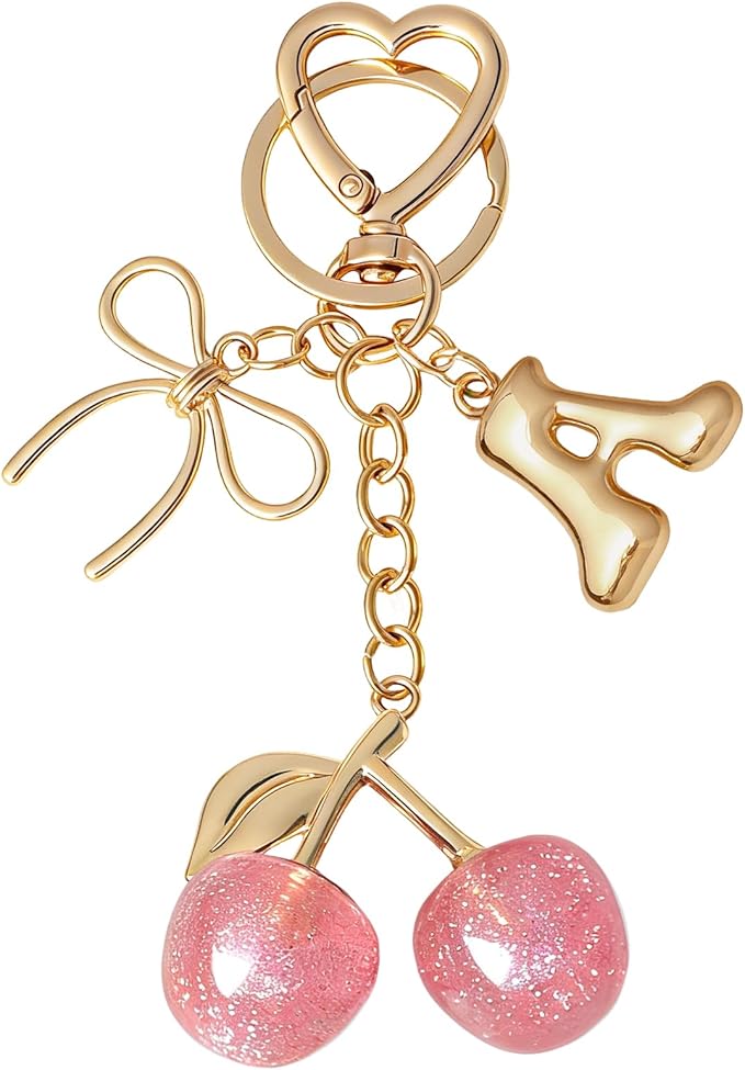 Snycler Bubble Initial Keychain with Cherry & Bow - Gold Letter Bag Charms for Women, Cute Purse Handbag Accessories