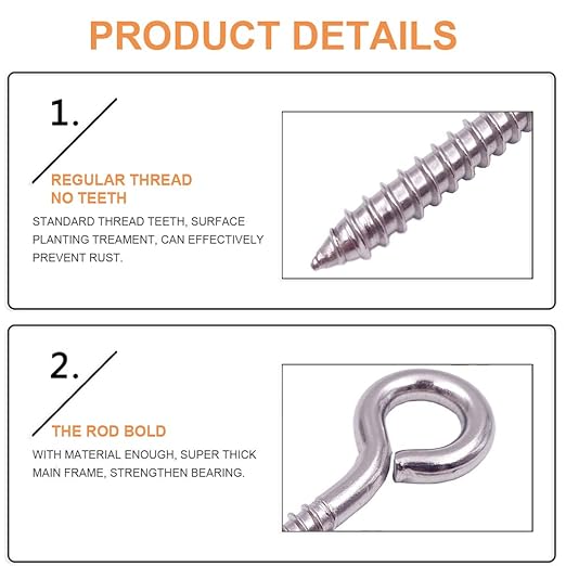 12-Pack 304 Stainless Steel Screw Eyes, Heavy Duty Screw in Eye Hooks Ring for Yoga, Swing Chair, Indoor & Outdoor, Self Tapping, 3.2"
