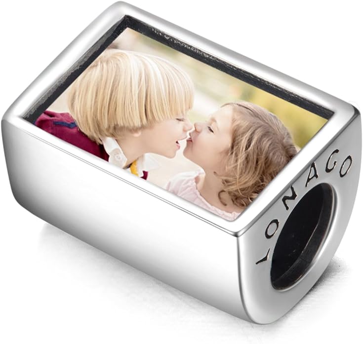 LONAGO 925 Sterling Silver Personalized Photo Charm Fit Compatible for Bracelet Necklace Customized Heart Round Shape Picture Bead