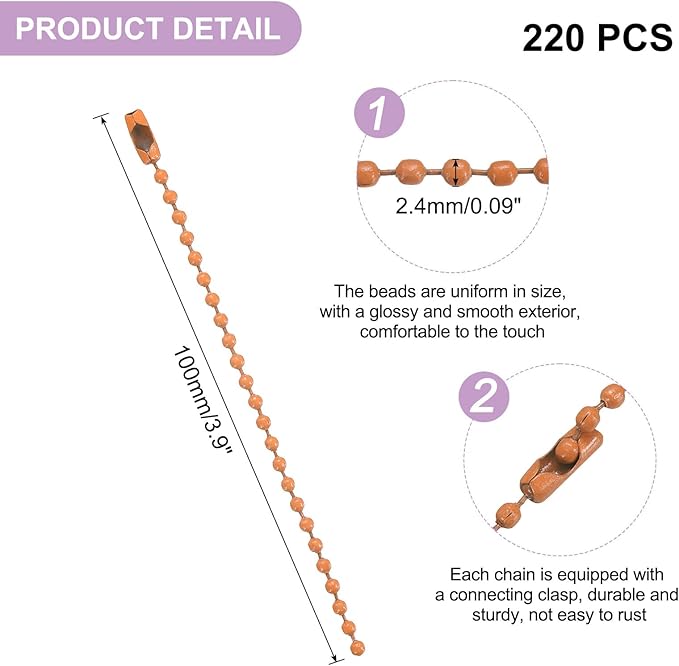 uxcell 220pcs Metal Ball Bead Chain, 100mm Long Bead Connector Clasp Dog Tag Hanging Chain for Key Chains Tags Craft Projects Jewelry Making, Orange