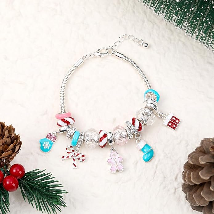 Madison Tyler Christmas Bracelet for Women | Xmas Adjustable Snake Chain Bracelet | Peppermint Candy Cane Gingerbread Man Bow Gloves Socks Charm Pearl Beaded Bracelet Holiday