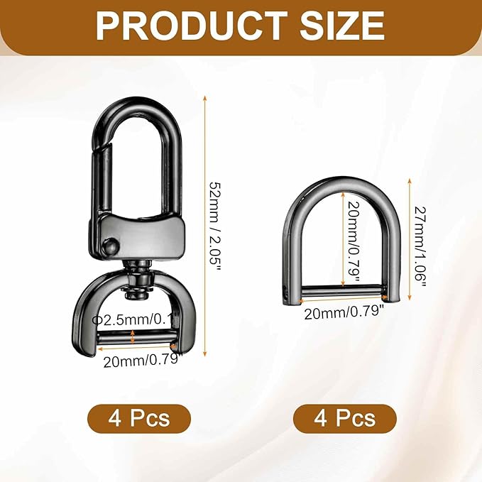 HARFINGTON 4pcs Detachable Snap Hook Swivel Clasp 3/4" (20mm) Zinc Alloy Lobster Claw Clasp with 4pcs D-Rings Screw in Shackle for Keychain Lanyard Purse DIY Purse Strap, Gun Black