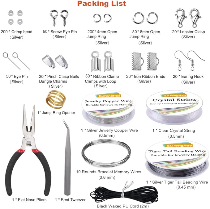 EuTengHao Jewelry Making Kit with Pliers, Wires, Jump Rings, Clasps, Cord and More for Jewelry DIY Crafts - Silver