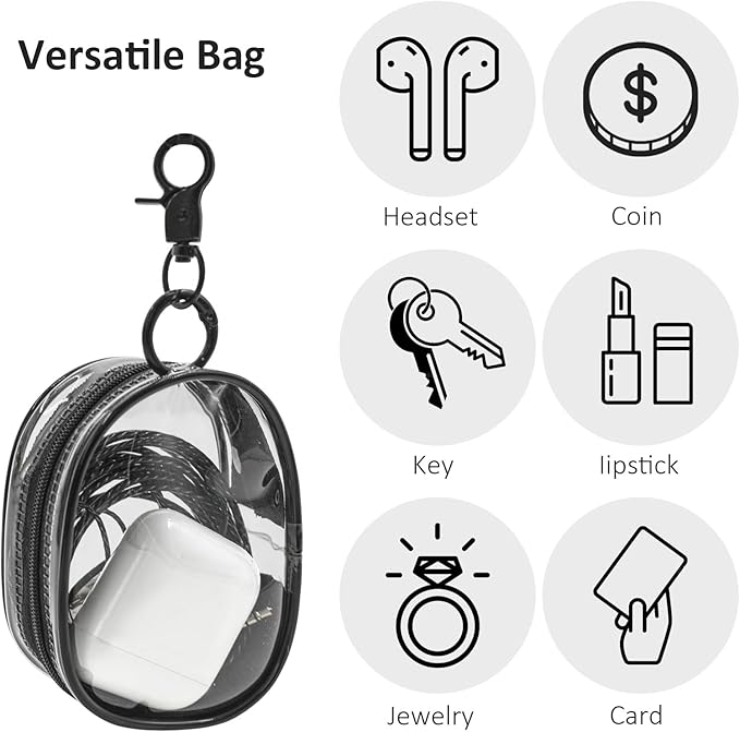 Enkrio 2PCS Mini Clear Makeup Bag Keychain Pouch with Zipper Clear Figure Display Bag Coin Purse Card Holder Data Cable Organizer (Black)