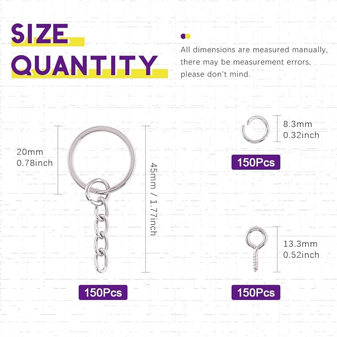 Swpeet 450Pcs 4/5 Inch 20mm Sliver Flat Key Chain Rings Kit, Including 150Pcs Split Keychain Rings with Chain and 150Pcs Jump Ring with 150Pcs Screw Eye Pins Bulk for Jewelry Findings Making