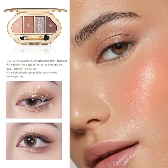 Eyeshadow Palette 4 Colors, Rose Nude Pink Brown Matte Shimmer Eyeshadow, Highly Pigmented Blendable Long-Lasting Eye Shadow, Soft Silky No Fallout Daily Natural Glam Makeup, Makeup Gift for Women-B1