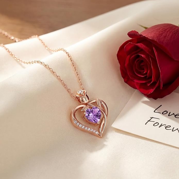 1.2CT Rose Heart Necklace Option of Moissanite or Lab-Grown Sapphire Ruby Emerald&More Necklace for Women Birthstone Girlfriend Necklace S925 Sterling Silver 18K White/Rose Gold Plated D Color VVS1 Gift for Wife Mother Daughter for Birthday Anniversary...