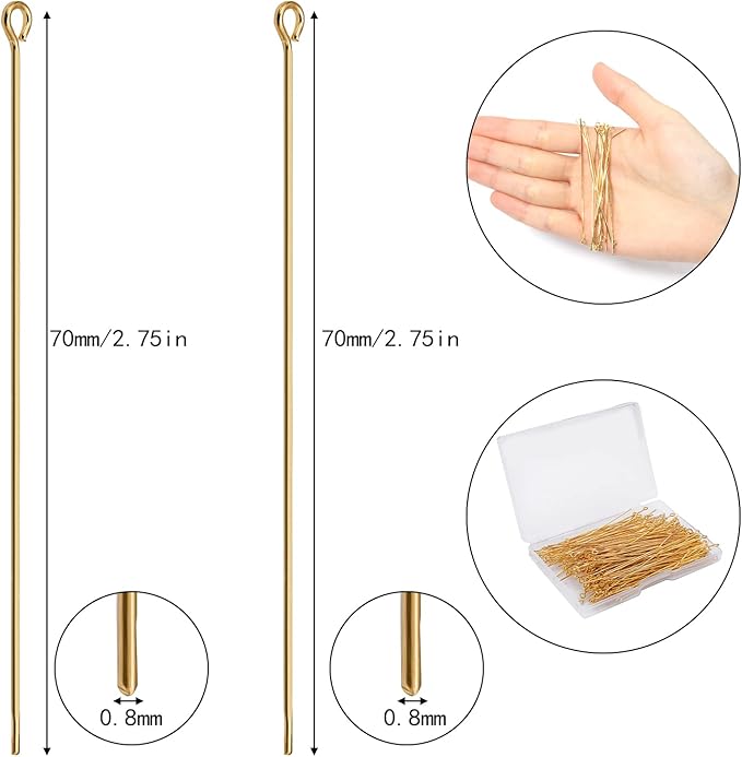 200 Pcs 70mm/2.76 Inch 21 Gauge Eye Pins for Jewelry Making Straight Head Ball Pin for DIY Christmas Styles Craft Earring Bracelet Necklace Pendant Making (Eye Pins,Gold Color)