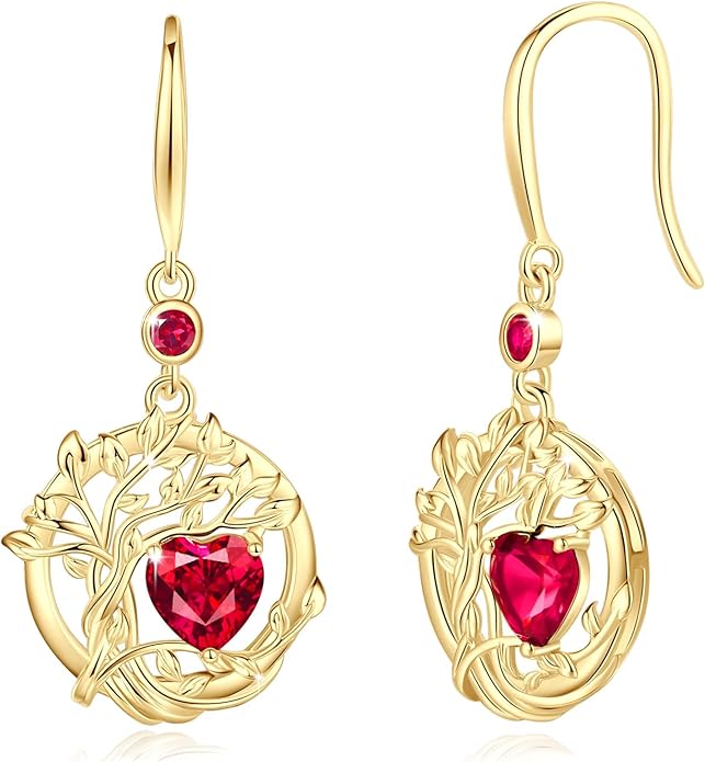 FANCIME Tree of Life Dangle Drop Earrings 925 Sterling Silver Dainty Round Gemstone Birthstone Earring Fine Jewelry Birthday Christmas Gifts for Her Women