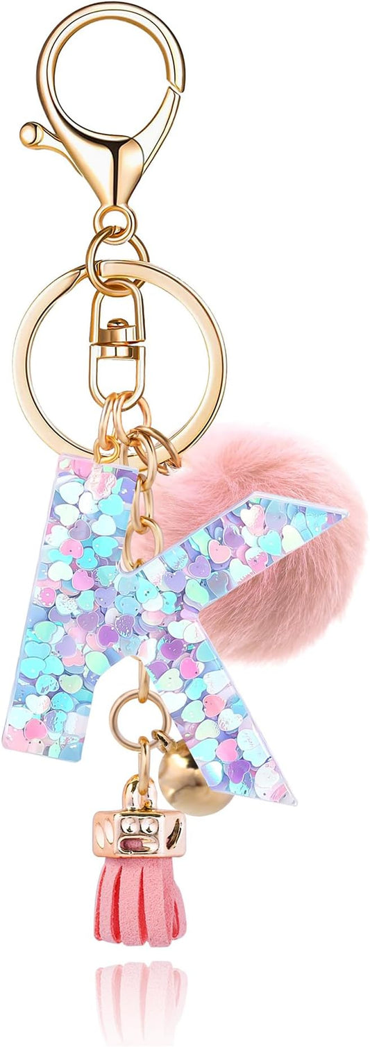Resin Alphabet Initial Letter Keychain Keyring for Women Purse Handbags With Fur Ball Pom