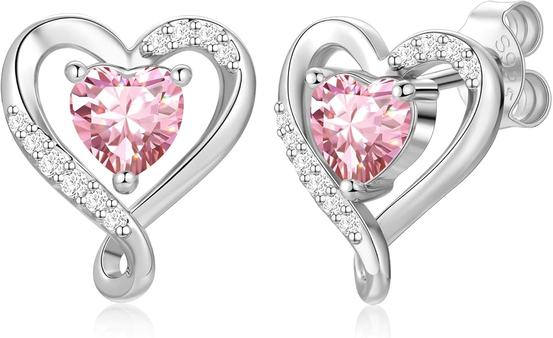 Zifeel Earrings for Women, S925 Sterling Silver Rose Gold Birthstone Heart Studs Earring for Girlfriend Wife, Anniversary Birthday Christmas Valentines Mothers Day Gifts Jewelry for Women Wife Her Mom