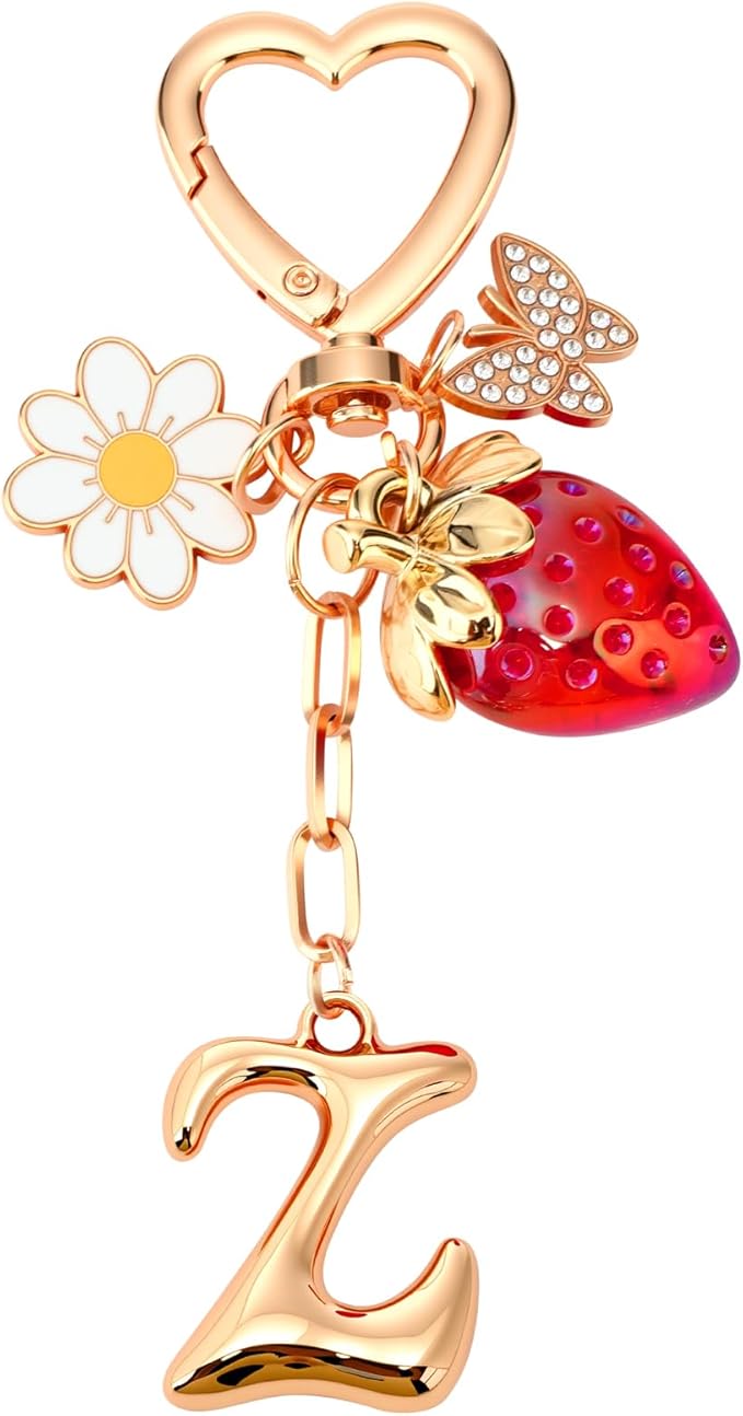 Strawberry Initial Keychain for Women-Cute Kawaii Gold Alphabet Bag Charms, Key chain Gift for Purse Handbag
