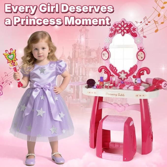 Toddler Vanity Set with Mirror, Lights & Music – Pink Princess Makeup Table with Stool, Pretend Play Beauty Salon Toy with Hair Dryer & Accessories for Little Girls Ages 3–5 Dress Up Gift (Pink)