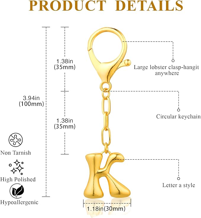 VICKHU Gold Plated Bubble Initial Letter Cute Keychain for Women Car Key Purse Decorative Keyring Handbag Charms Fashion