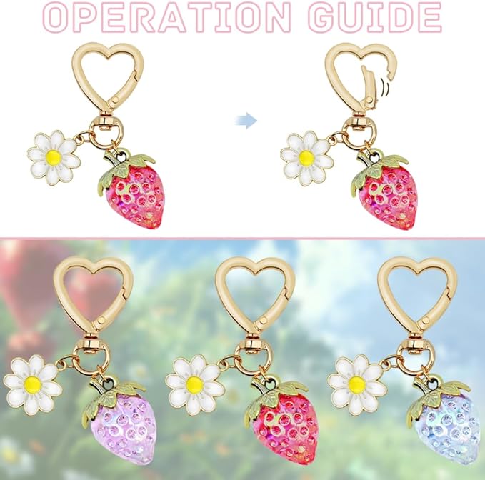 3Pcs Strawberry Keychain, Cute Strawberry Heart-Shaped Flowers Keyrings Daisy Keychain Accessories for Girls Purse (Red Blue Purple)