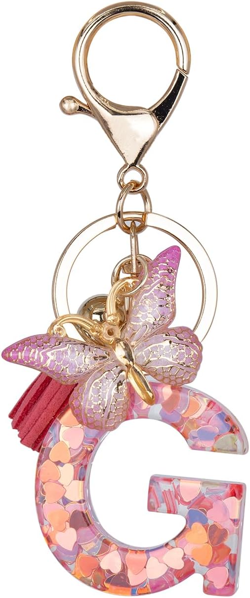 Initial Keychain Cute Pink Resin Letter and Butterfly Charms Keychains for Backpack Purses