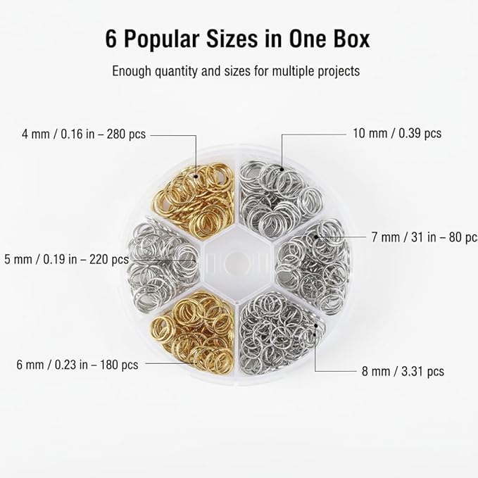 970Pcs O Ring Connectors for Jewelry Making - Metal Open Jump Rings Set in 4mm/5mm/6mm/7mm/8mm/10mm - DIY Jewelry Findings & Craft Supplies