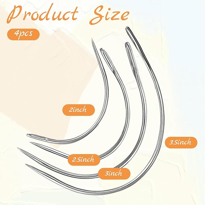 4 Pcs Curved Leather Sewing Needles, 2'', 2.5'', 3 '', 3.5 ''C Type Weaving Sewing Needle for Crafts Repairing Weaving Canvas