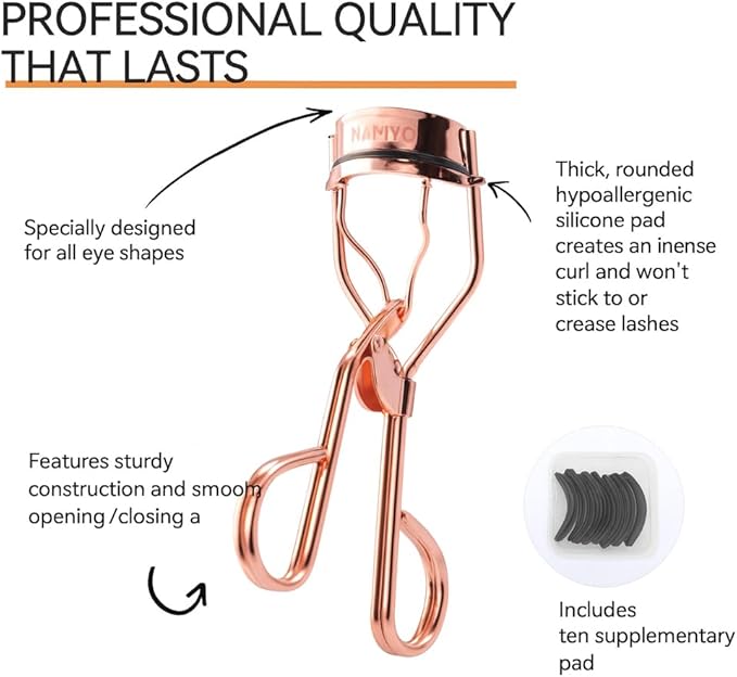 Namyo Premium Eyelash Curler Rose Gold Edition - Makeup Eyelash Tool with Lasting Lift and Precision Curl. Holiday Gift Ready Packaging. Soft Grip. Extra Silicone Refills. Travel Ready.