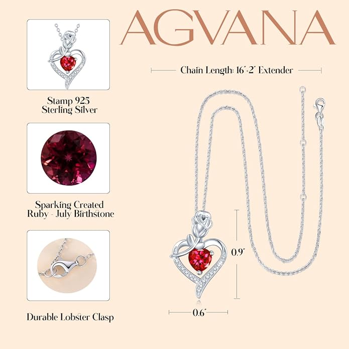 AGVANA Christmas Gifts Rosy Reverie Birthstone Necklace for Women Sterling Silver Genuine or Created Gemstone Rose Flower Heart Pendant Necklace Anniversary Birthday Gifts for Women Mom Wife Her