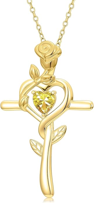 Midari 18K Yellow Gold Cross Pendant Rose Birthstone Necklaces for Women Christian Cross Jewelry with 12 Months Birthstone Birthday Gifts for Wife Her Daughter Mom