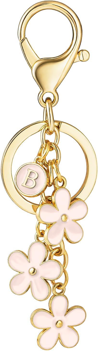 SELOVO Initial Keychain White/Pink/Black Cute Keychain Girl Purse Charms for Handbag Cute Letter Flower Keyring for Backpack