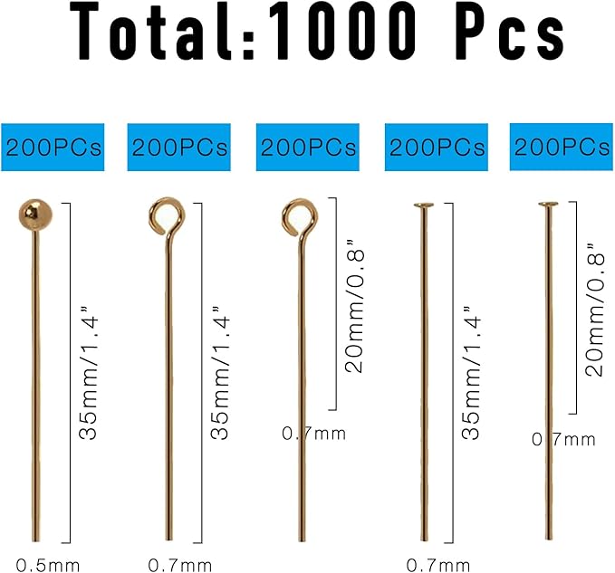 Jewelry Making Head Pins and Eye Pins Set, 1000 Pieces, Stainless Steel, Mixed Finishes (Bronze)