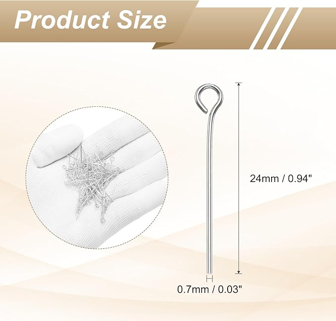 HARFINGTON 100pcs Open Eye Head Pins 0.94" 24mm Mini Metal Wire Eye Pins Beading Small Needles Bulk for Earring Pendant Necklace Bracelet Charm Jewelry Making Findings DIY Craft, Silver Tone