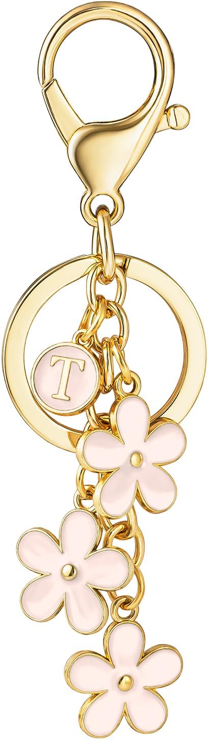 SELOVO Initial Keychain White/Pink/Black Cute Keychain Girl Purse Charms for Handbag Cute Letter Flower Keyring for Backpack