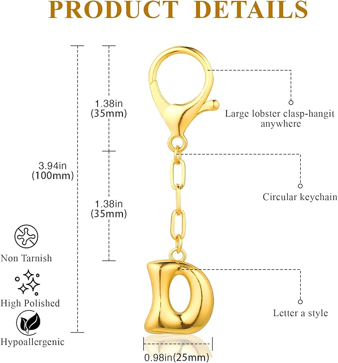 VICKHU Gold Plated Bubble Initial Letter Cute Keychain for Women Car Key Purse Decorative Keyring Handbag Charms Fashion