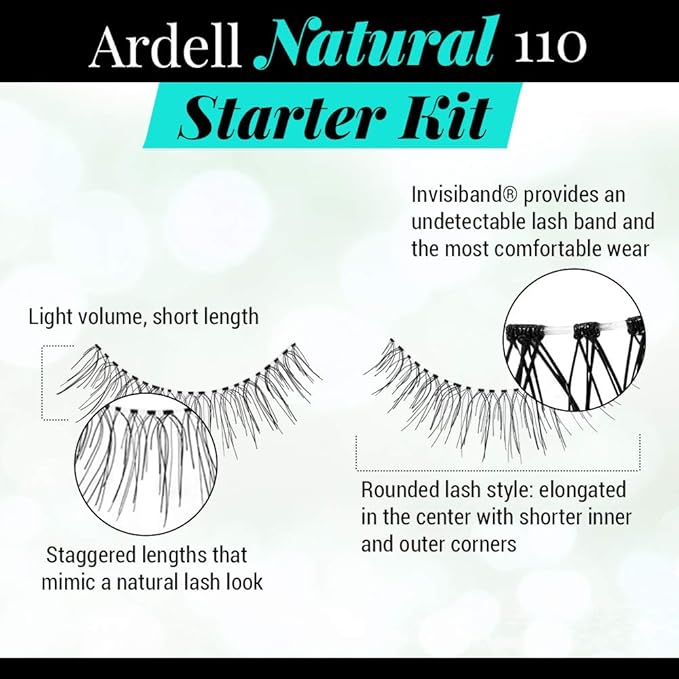Ardell False Eyelashes Starter Kit, Natural 110 - Black, Easy-to-Use Lash Set with Lash Adhesive and Applicator, Reusable Lashes, 4 Pack