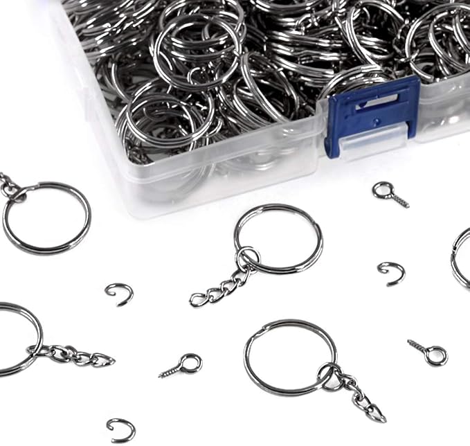 Swpeet 450Pcs 1" 25mm Gun-Black Key Chain Rings Kit, Including 150Pcs Keychain Rings with Chain and 150Pcs Jump Ring with 150Pcs Screw Eye Pins Bulk for Jewelry Findings Making (Gun-Black)