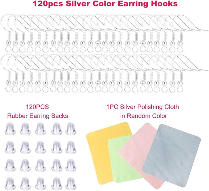 Silver Hypo-allergenic Earring Hooks - 120 Pcs /60 Pairs S925 Sterling Silver Plated Ear Wires Fish Hooks for Jewelry Making, Jewelry Findings Parts with Rubber Earring Backs Stopper for DIY Earrings