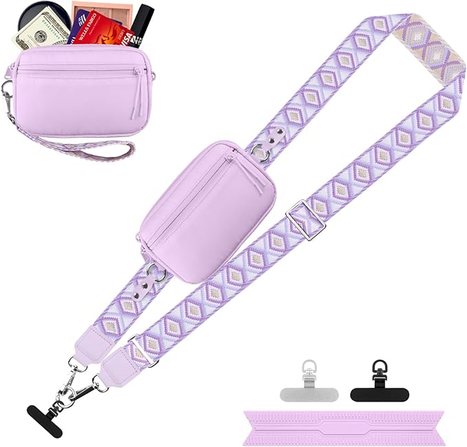 Clip and Go Strap for Phone with Wallet Crossbody, Adjustable Phone Lanyard with Detachable RFID Wristlet Wallet, Pattern Strap, Light Purple(M)