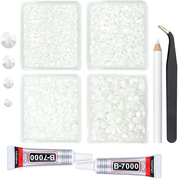 Pure White Resin Rhinestones w B7000 Jewelry Glue for Bedazzling Crafting 3mm 4mm 5mm 6mm Flatback Jelly Stones Bulk SS10 SS16 SS20 SS30 Diamonds Gems for Nails Face Makeup Tumblers DIY Crafts